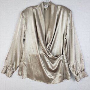Vintage Bianca Satin Blouse Top Silky Champagne Gray Plunge Neck Long Sleeve 14